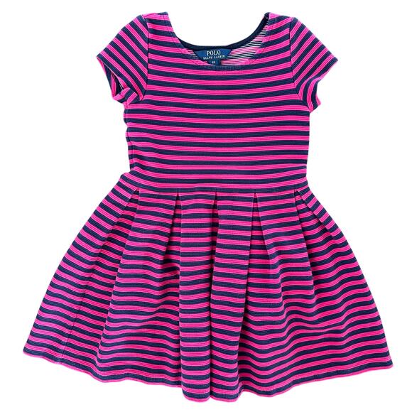 Polo Ralph Lauren Little Girls 6X Pink Blue Striped A-Line Dress Short Sleeve - Picture 1 of 5